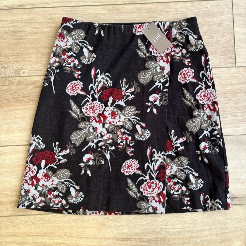 J.Jill Black Floral Knit Skirt XS Petite Pull On NWT Cottagecore - Picture 3 of 9